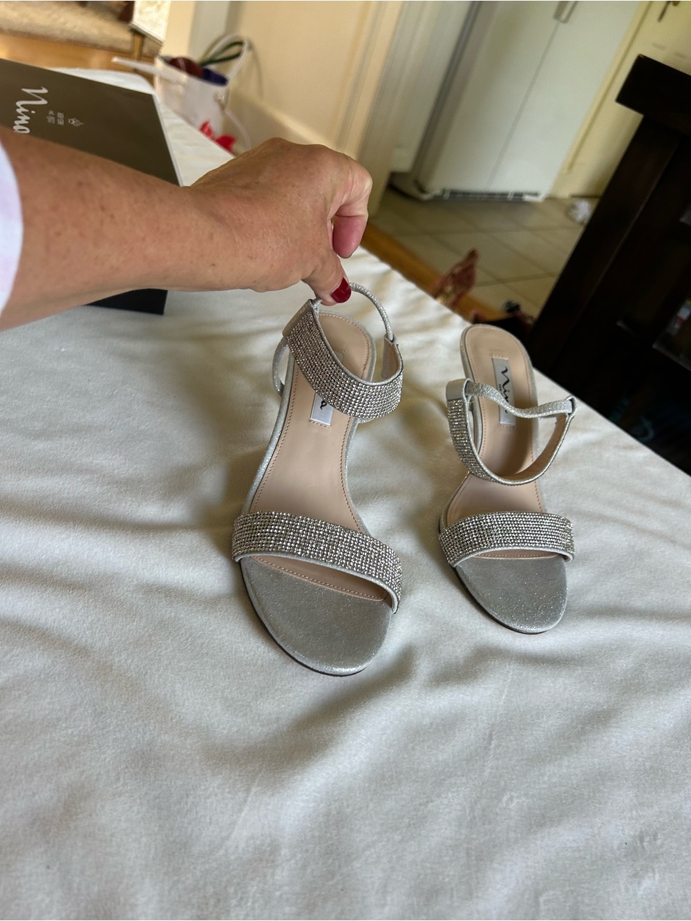 Rhinestone Embellished Silver Ankle-Strap Heels